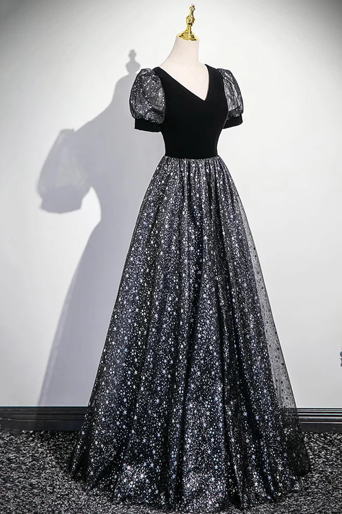 Black V-Neck Velvet Tulle Long Prom Dress, A-Line Short Sleeve Evening Dress