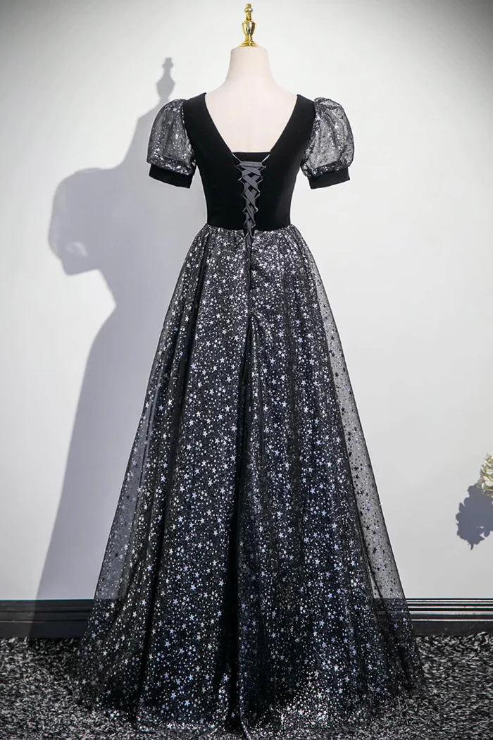 Black V-Neck Velvet Tulle Long Prom Dress, A-Line Short Sleeve Evening Dress