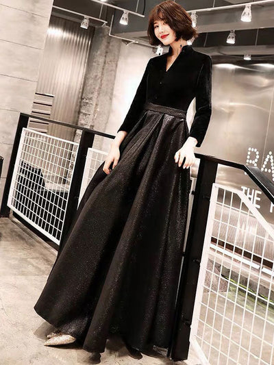 Black Velvet High-Neck Long-Sleeve A-Line Shimmer Floor-Length Evening Dress