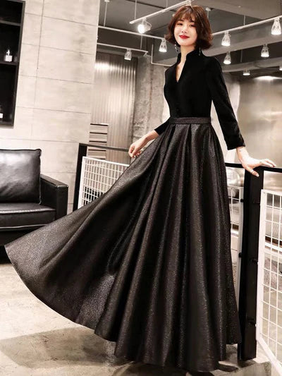 Black Velvet High-Neck Long-Sleeve A-Line Shimmer Floor-Length Evening Dress