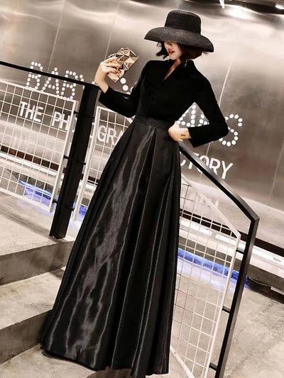 Black Velvet High-Neck Long-Sleeve A-Line Shimmer Floor-Length Evening Dress