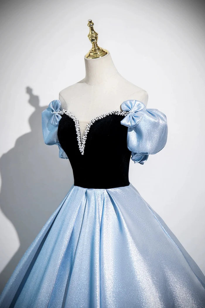 Black Velvet and Blue Satin Long Prom Dress, A-Line Off the Shoulder Evening Dress