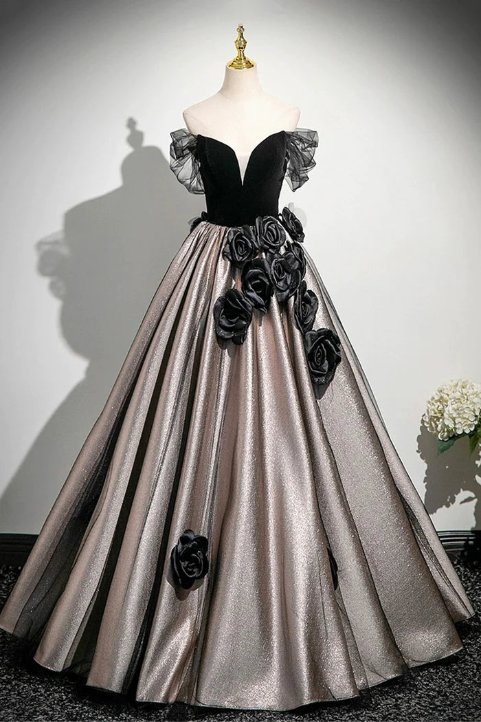 Black Velvet and Tulle Long Prom Dress, Black A-Line Party Dress
