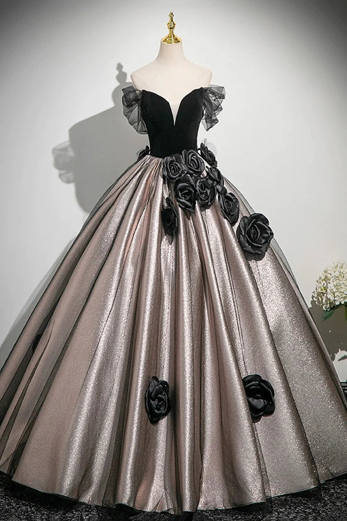 Black Velvet and Tulle Long Prom Dress, Black A-Line Party Dress