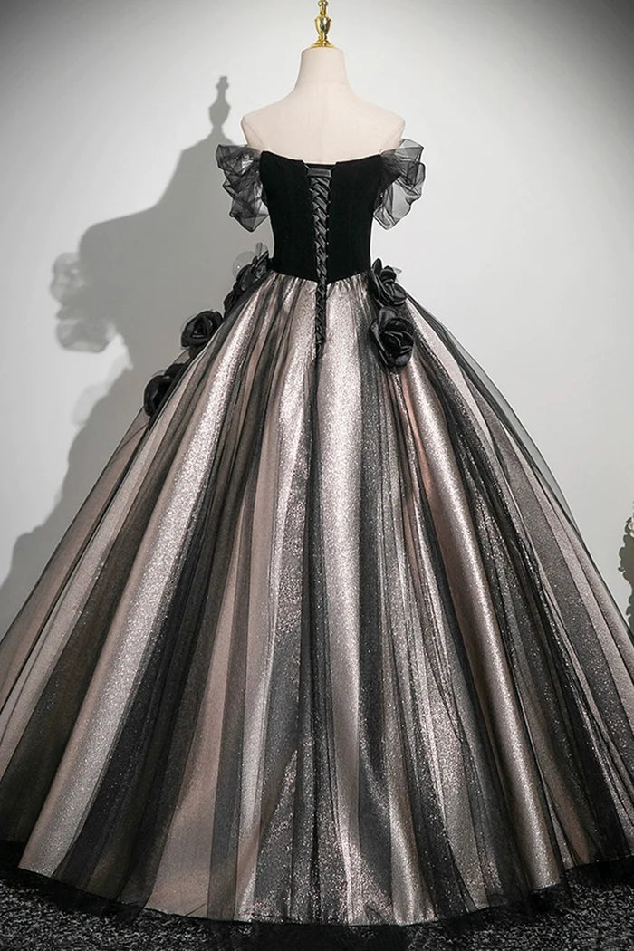 Black Velvet and Tulle Long Prom Dress, Black A-Line Party Dress