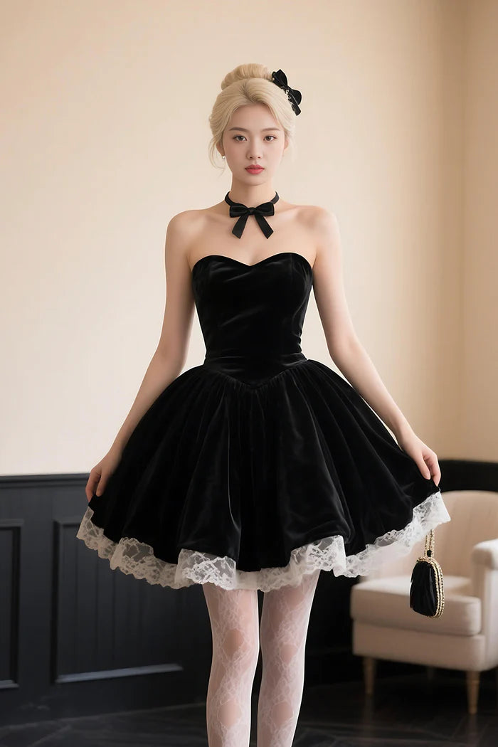 Black Velvet Lace Short Prom Dress, Lovely A-Line Evening Party Dress