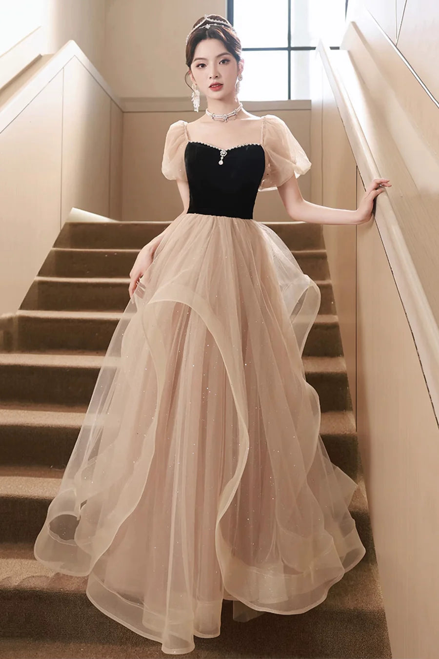 Black and Champagne Sweetheart Tulle Long Party Dress, Lovely A-Line Evening Dress