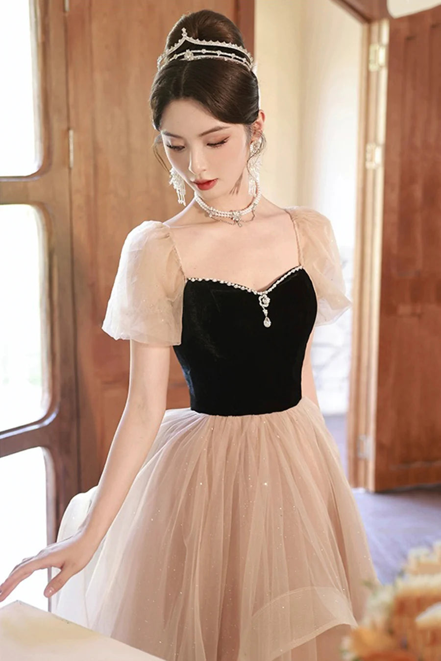 Black and Champagne Sweetheart Tulle Long Party Dress, Lovely A-Line Evening Dress