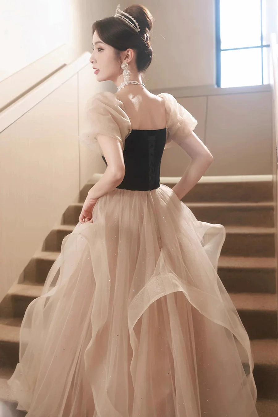 Black and Champagne Sweetheart Tulle Long Party Dress, Lovely A-Line Evening Dress