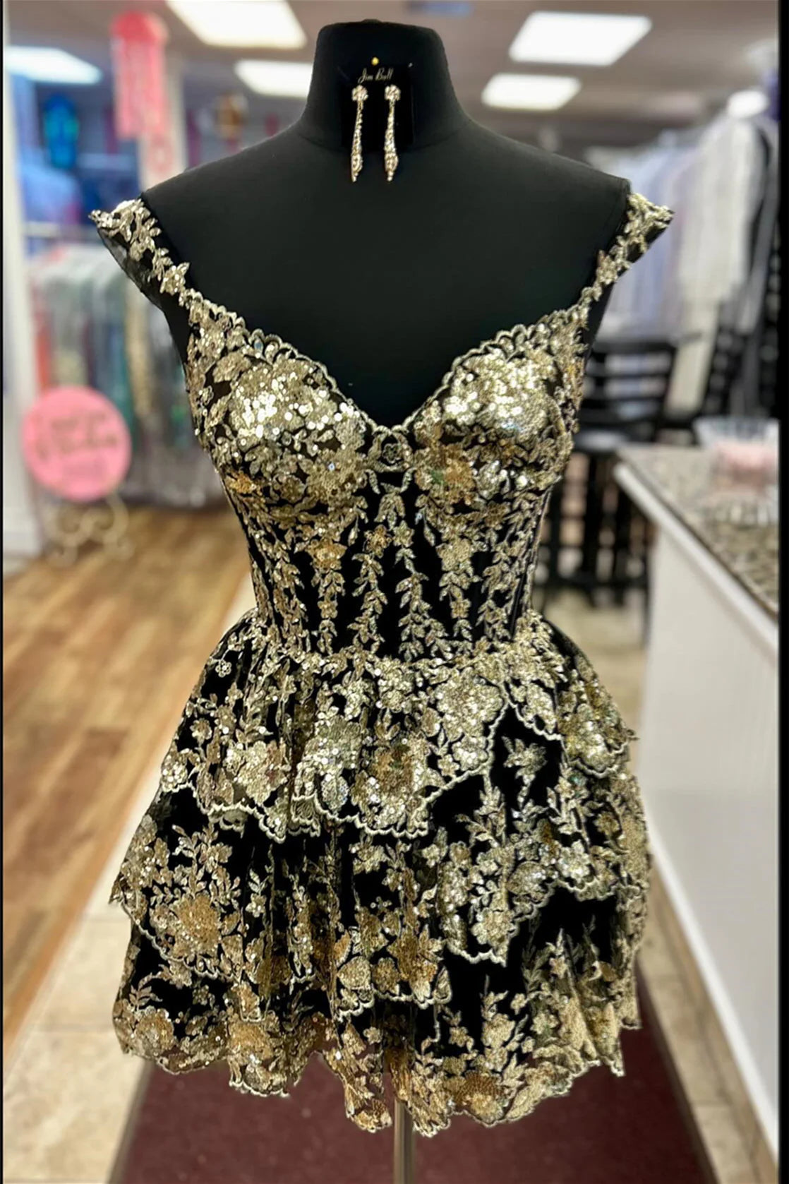 Black and Golden Sequin Tiered Short Short Full Of Charm Homecoming Dresses