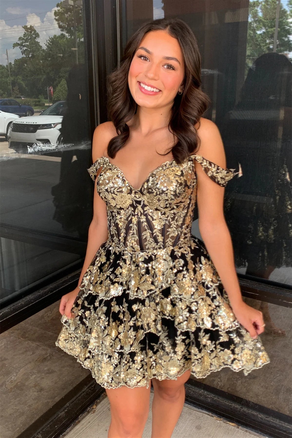 Black and Golden Sequin Tiered Short Short Full Of Charm Homecoming Dresses