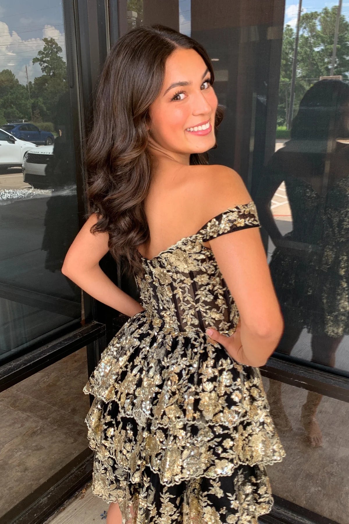 Black and Golden Sequin Tiered Short Short Full Of Charm Homecoming Dresses