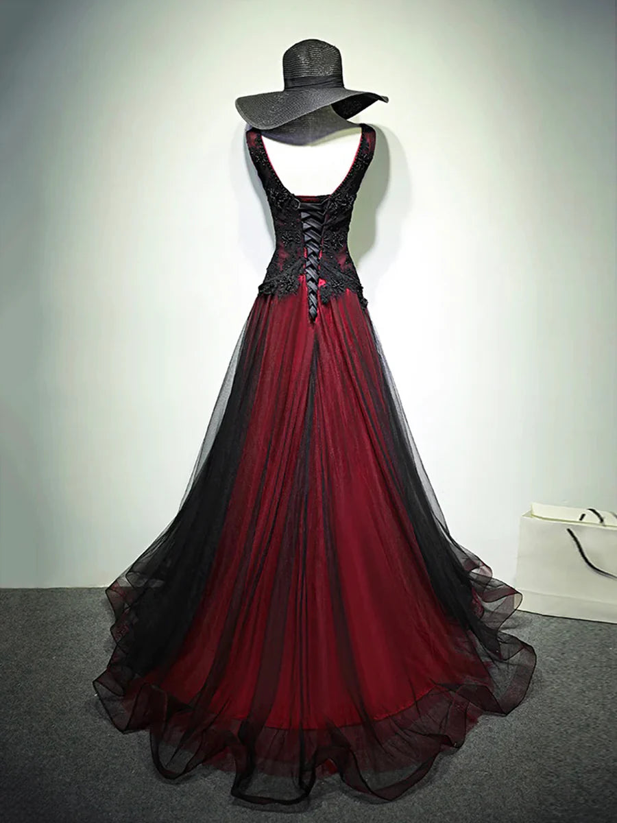 Black and Red V-Neck Lace Long Prom Dress, Beautiful A-Line Evening Party Dress