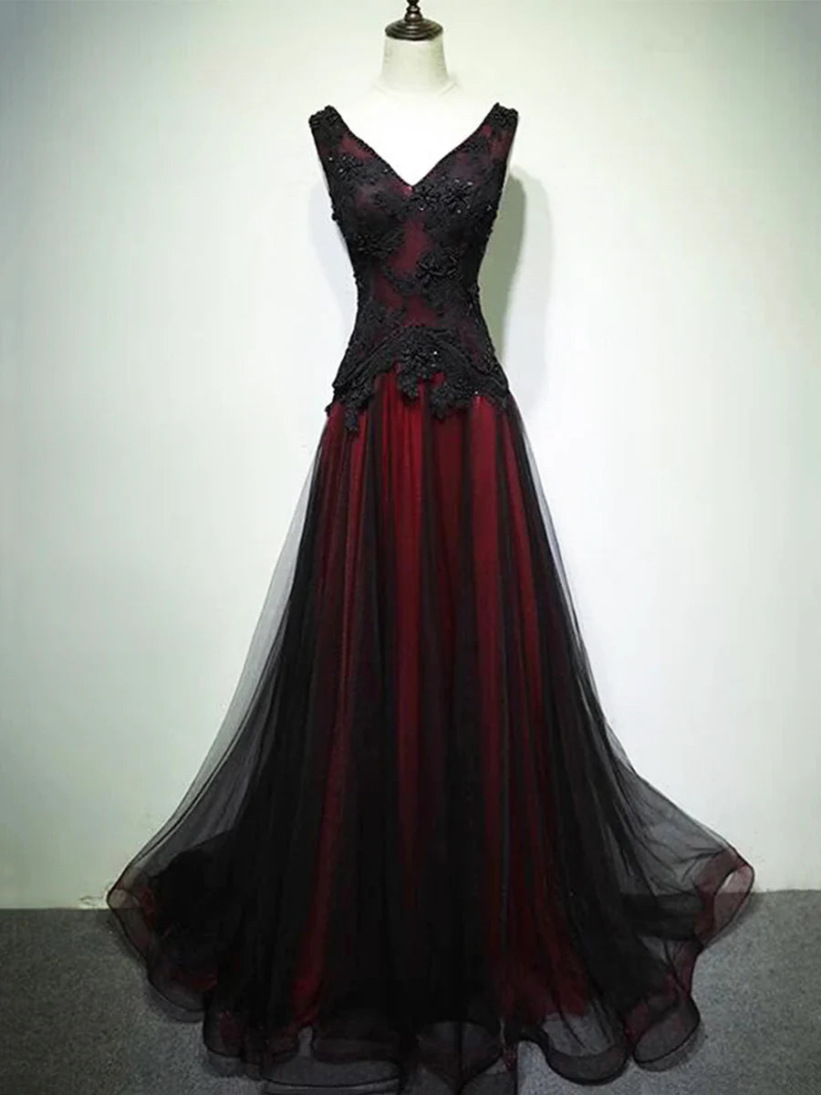 Black and Red V-Neck Lace Long Prom Dress, Beautiful A-Line Evening Party Dress