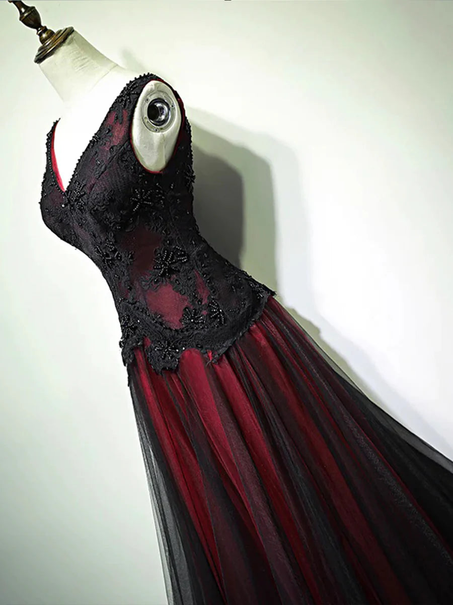 Black and Red V-Neck Lace Long Prom Dress, Beautiful A-Line Evening Party Dress
