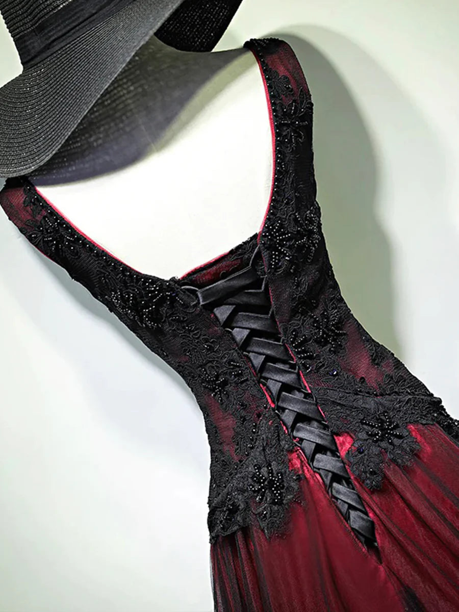 Black and Red V-Neck Lace Long Prom Dress, Beautiful A-Line Evening Party Dress