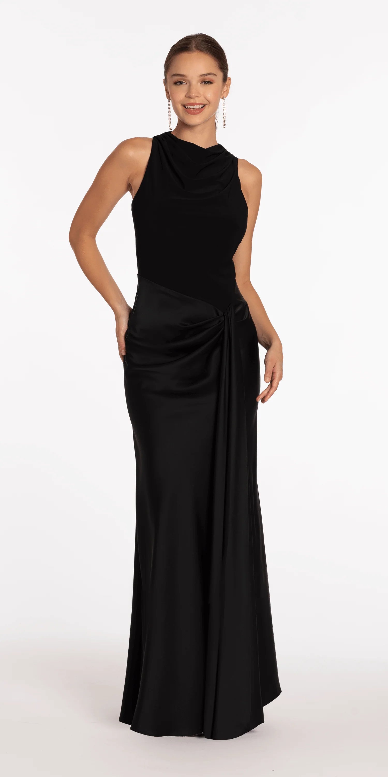 Black evening dress with cowl neck, satin twist detail, and floor-length mermaid skirt