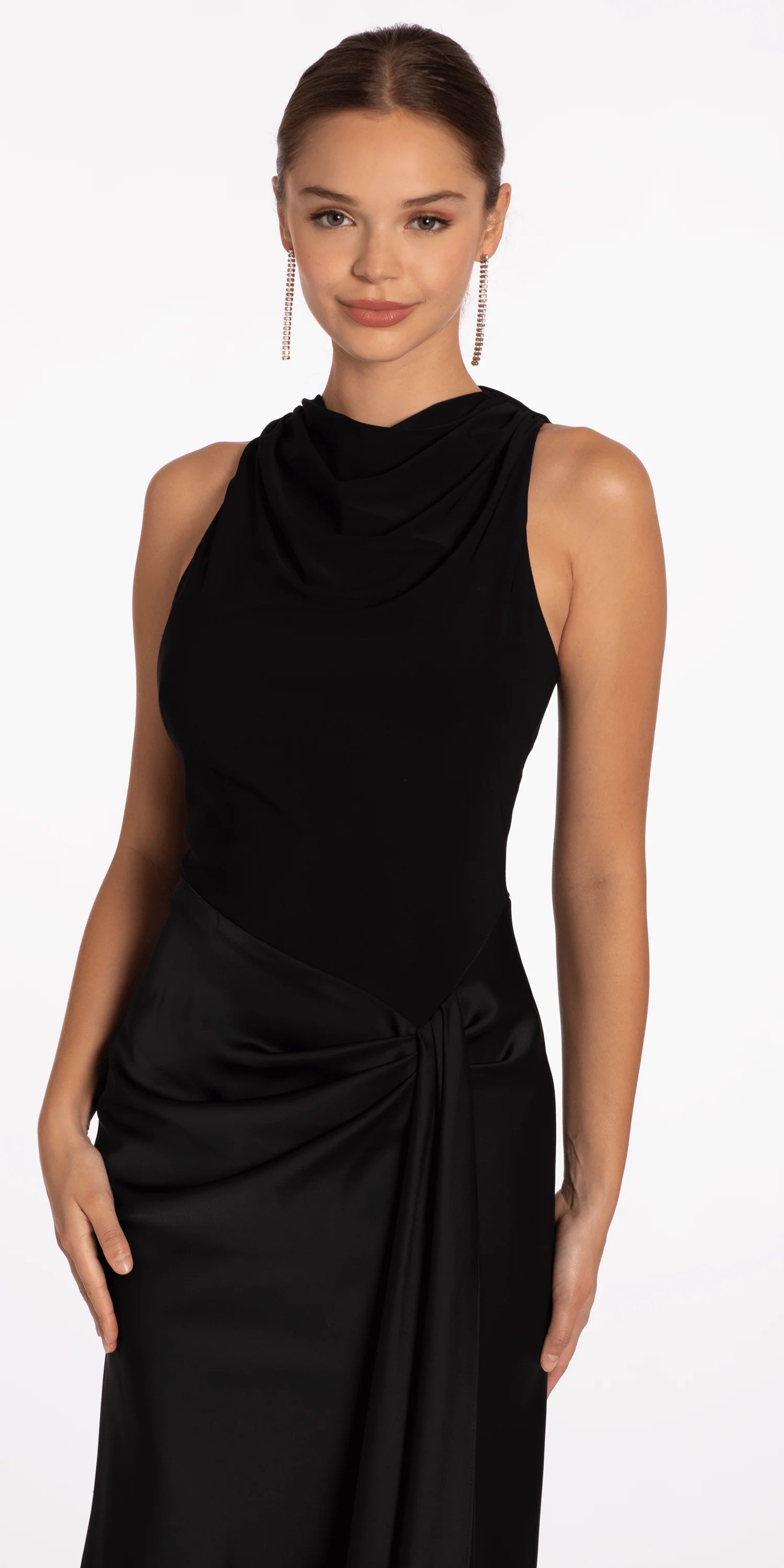 Black evening dress with cowl neck, satin twist detail, and floor-length mermaid skirt