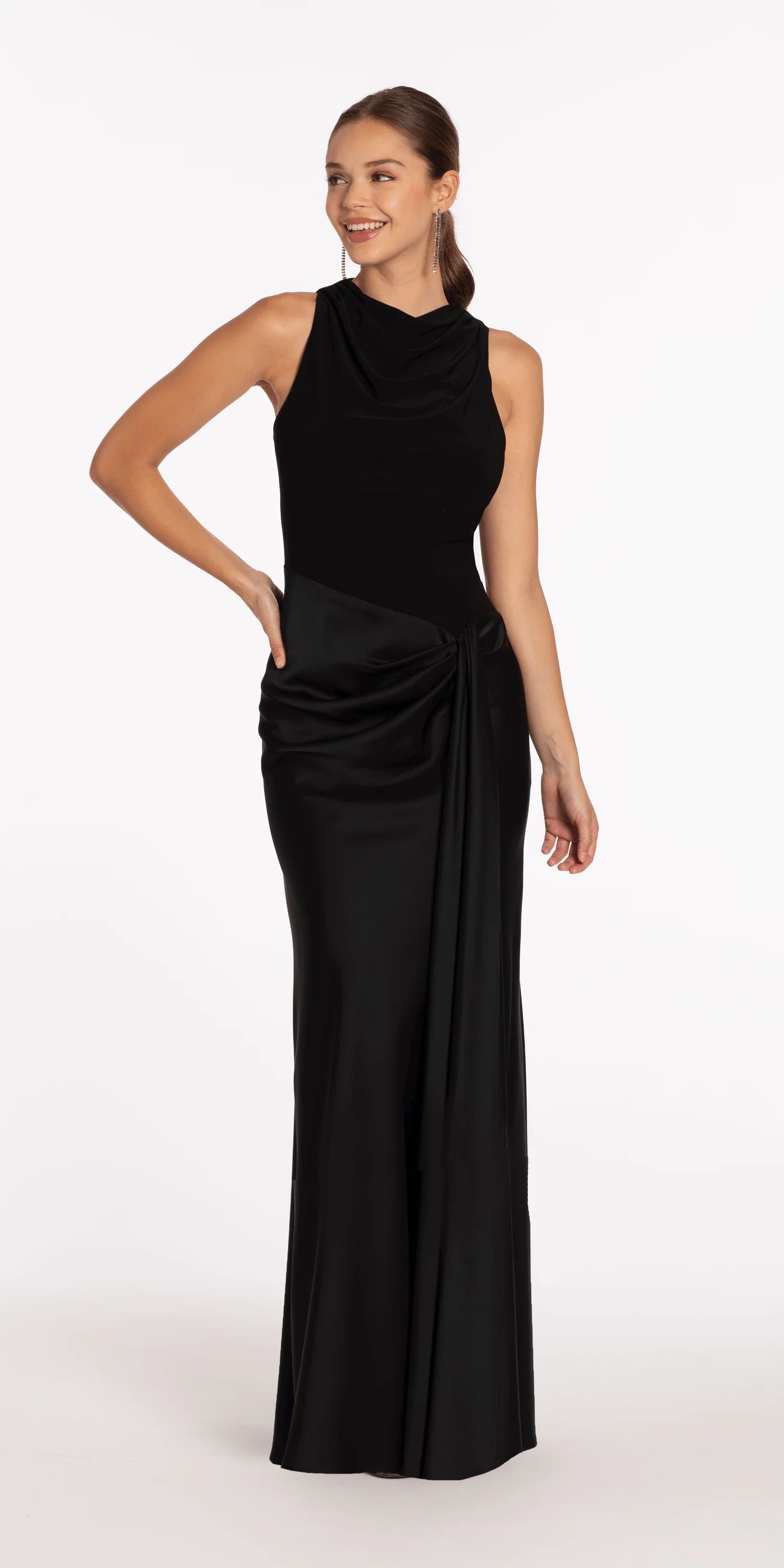 Black evening dress with cowl neck, satin twist detail, and floor-length mermaid skirt