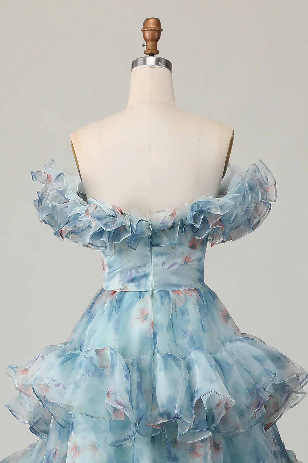 Blue A-Line Off The Shoulder Floral Tiered Long Prom Dress