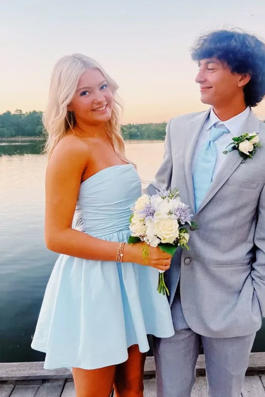 Blue A-Line Strapless Empire-Waist Sleeveless Short Homecoming Dress