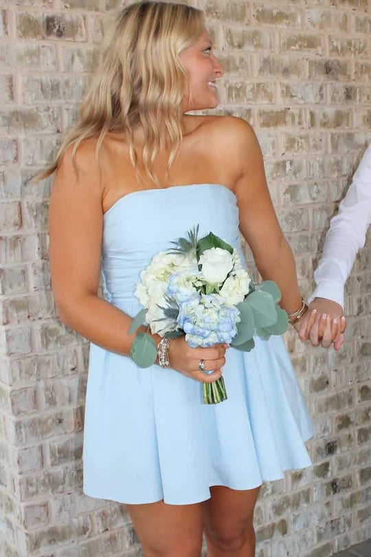 Blue A-Line Strapless Empire-Waist Sleeveless Short Homecoming Dress