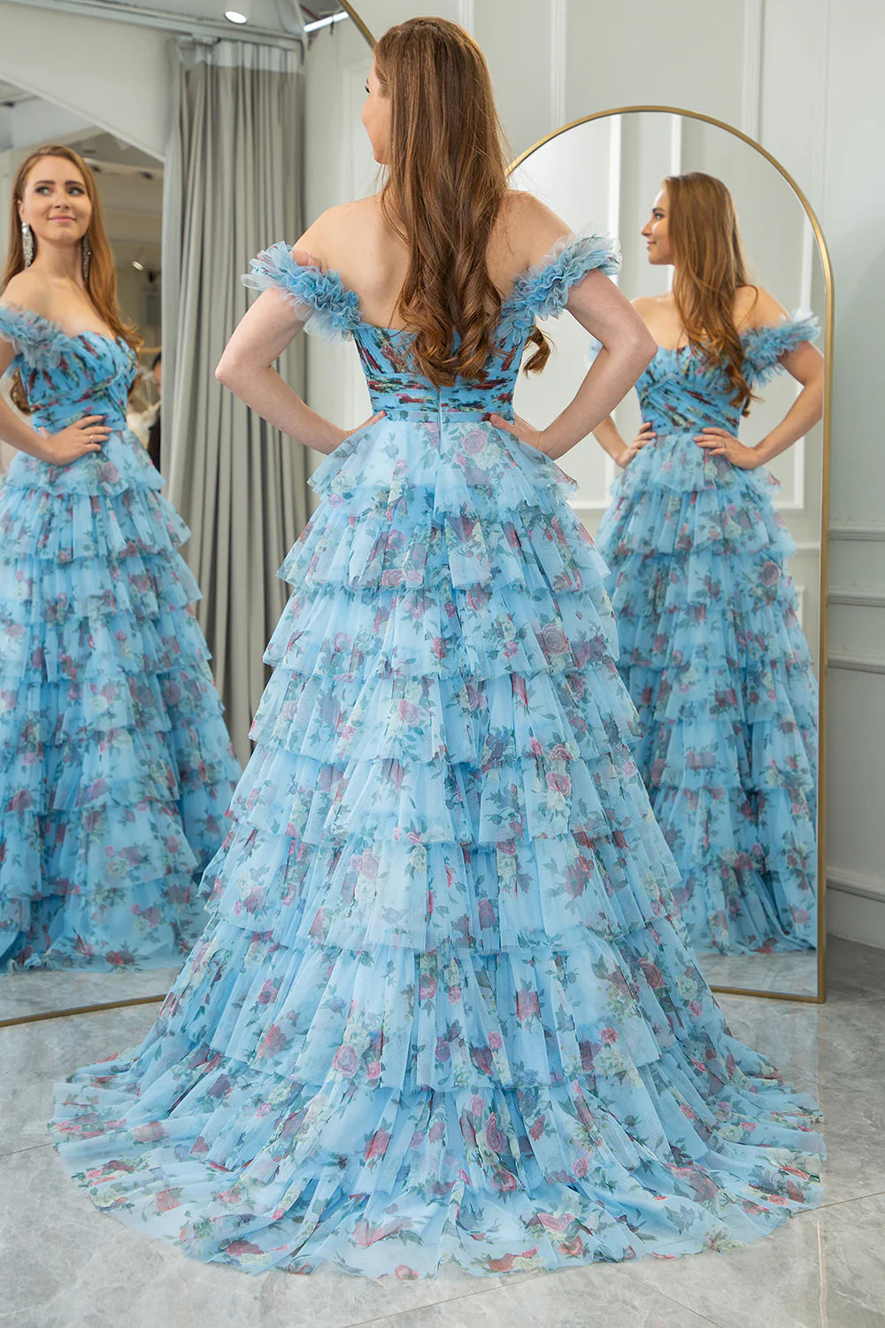 Blue A Line Sweetheart Pleated Floral Print Long Tiered Prom Dress