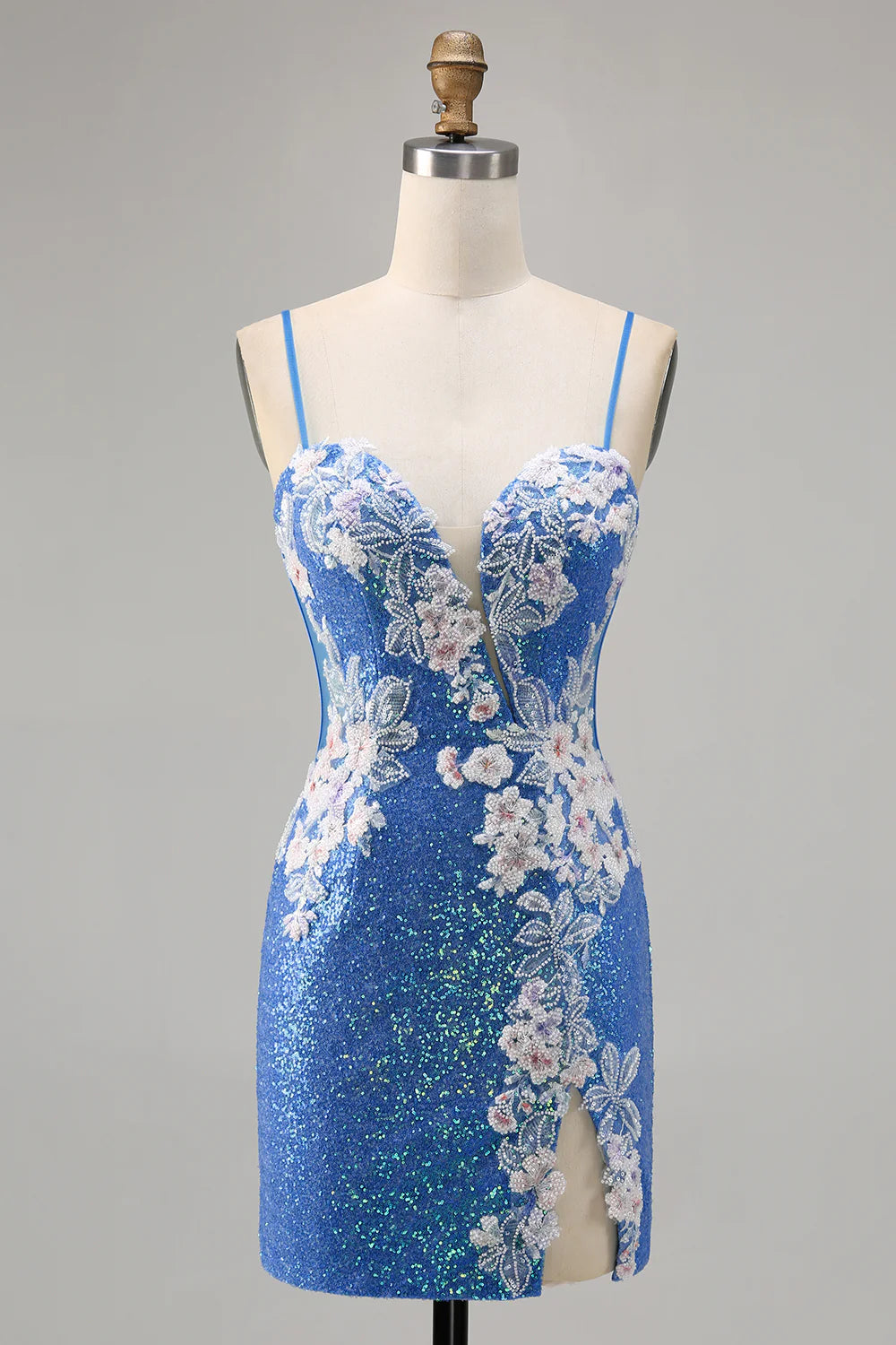 Blue Bodycon Sequins Floral Homecoming Dress with Slit