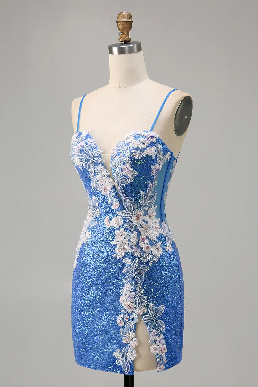 Blue Bodycon Sequins Floral Homecoming Dress with Slit