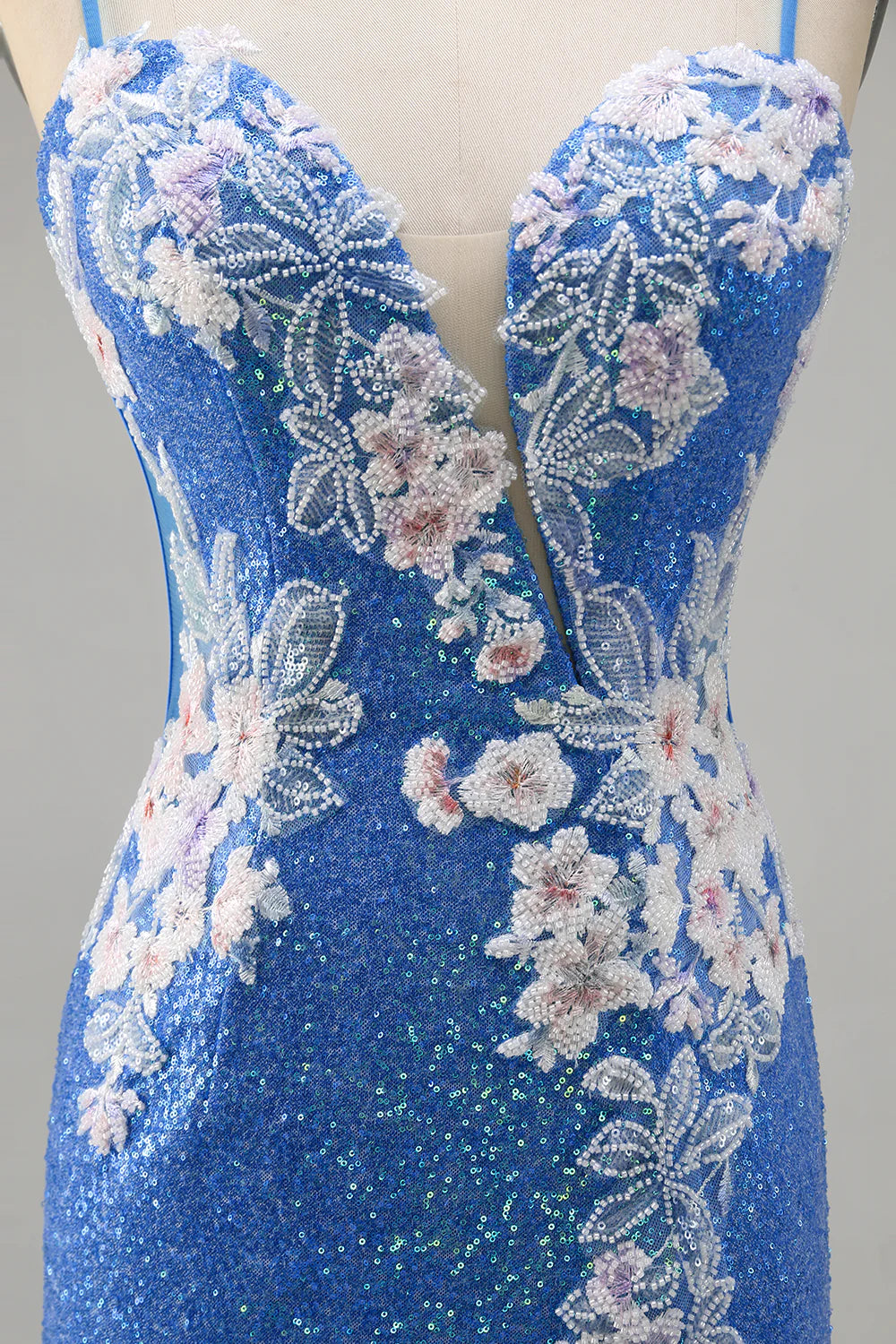 Blue Bodycon Sequins Floral Homecoming Dress with Slit