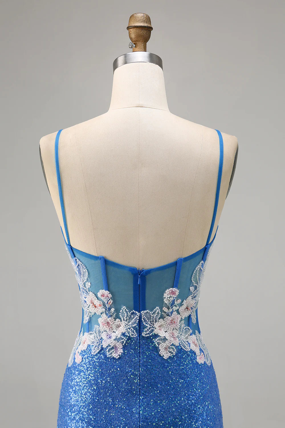 Blue Bodycon Sequins Floral Homecoming Dress with Slit