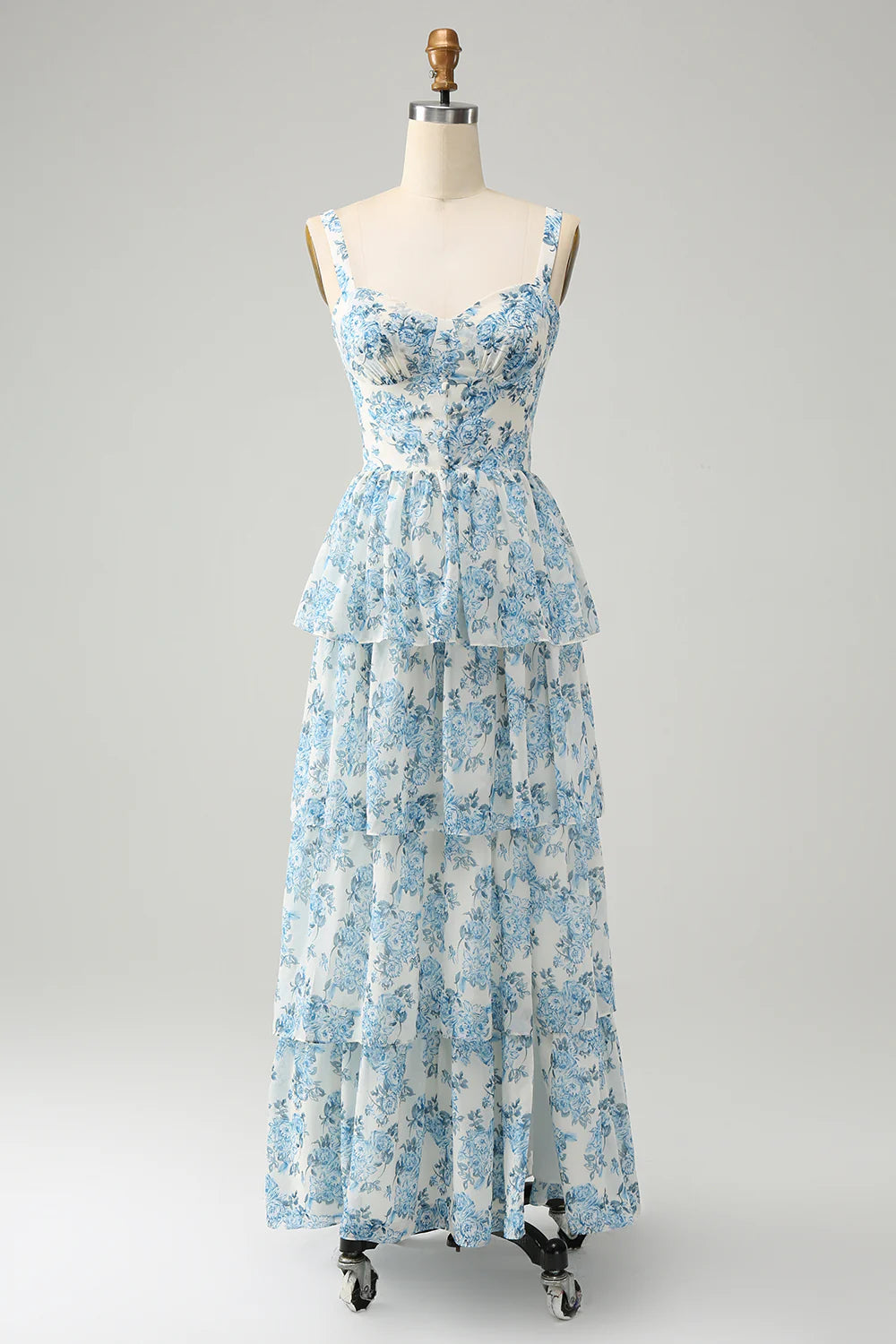 Blue Floral A-Line Strapless Pleated Long Prom Dress With Slit