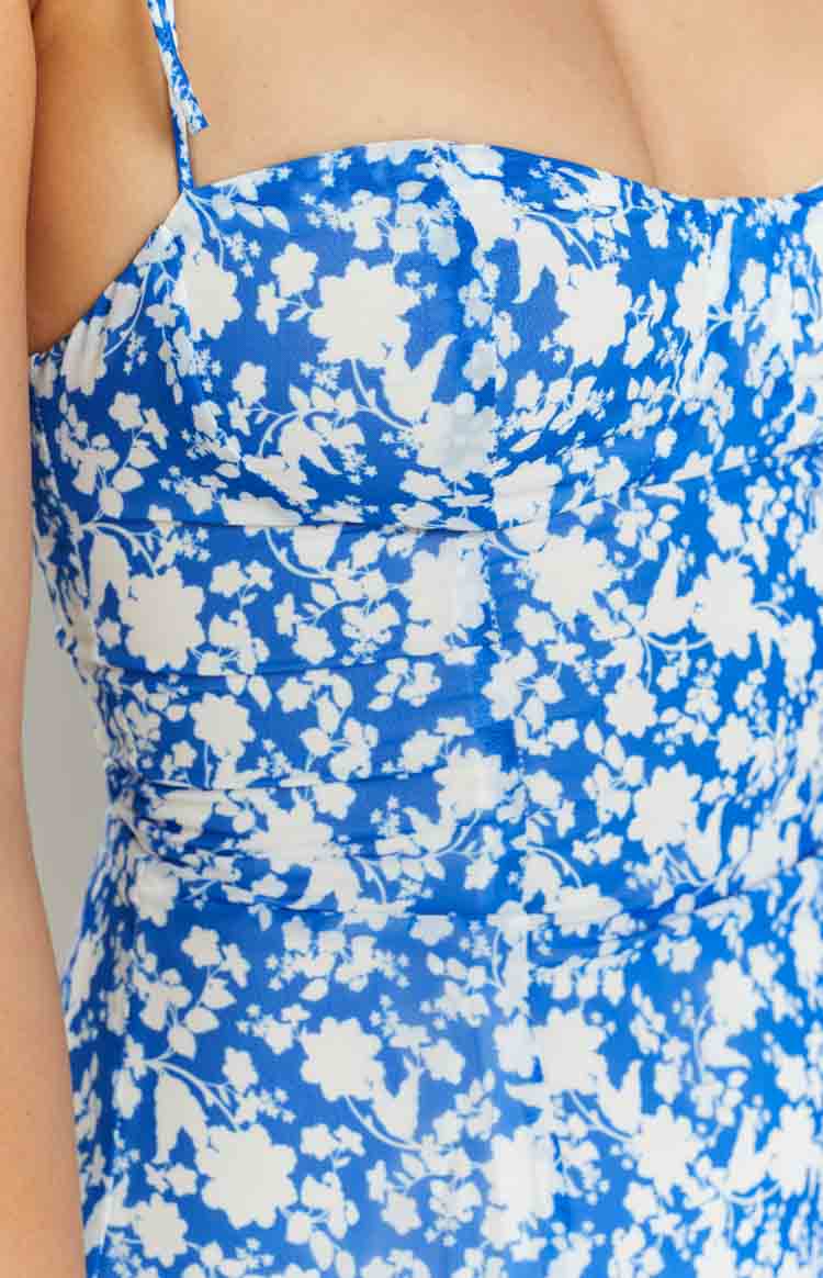 Blue Floral Print Lightweight material with no stretch Mini Dress