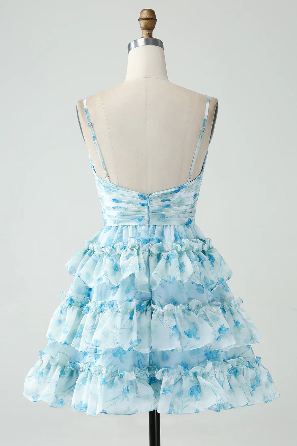 Blue Flower A-Line Tiered Pleated Cut Out Short Homecoming Dress