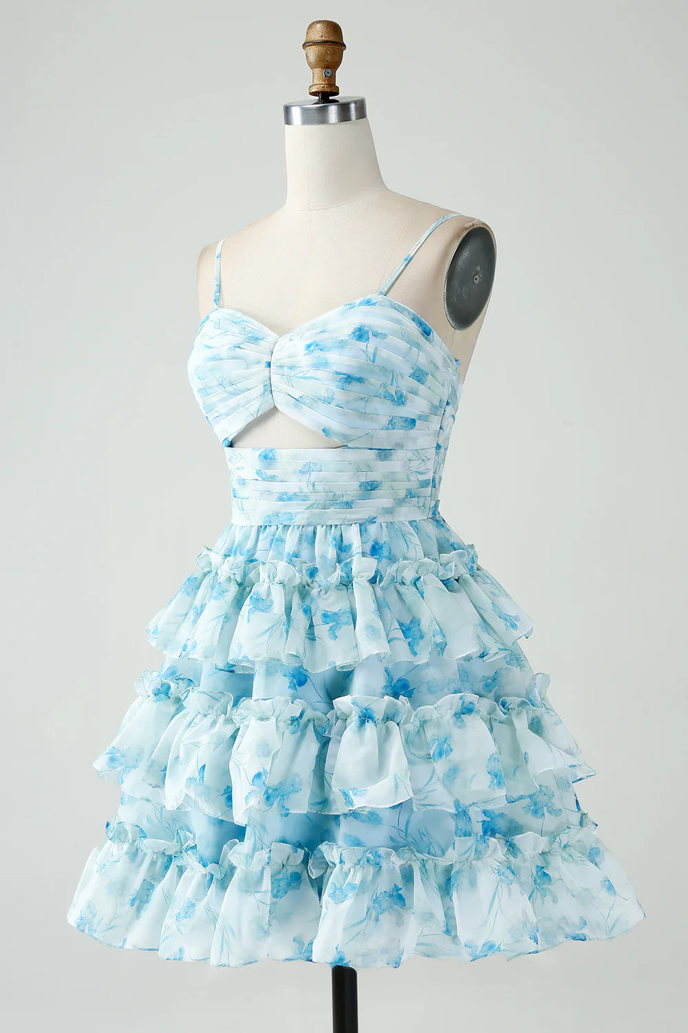Blue Flower A-Line Tiered Pleated Cut Out Short Homecoming Dress