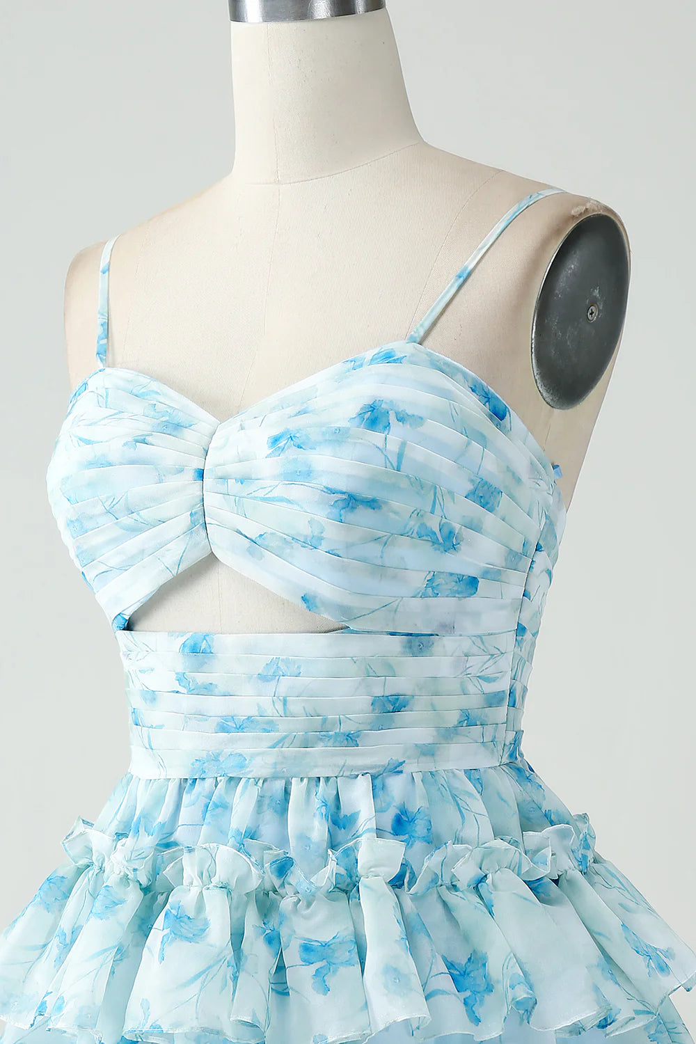 Blue Flower A-Line Tiered Pleated Cut Out Short Homecoming Dress