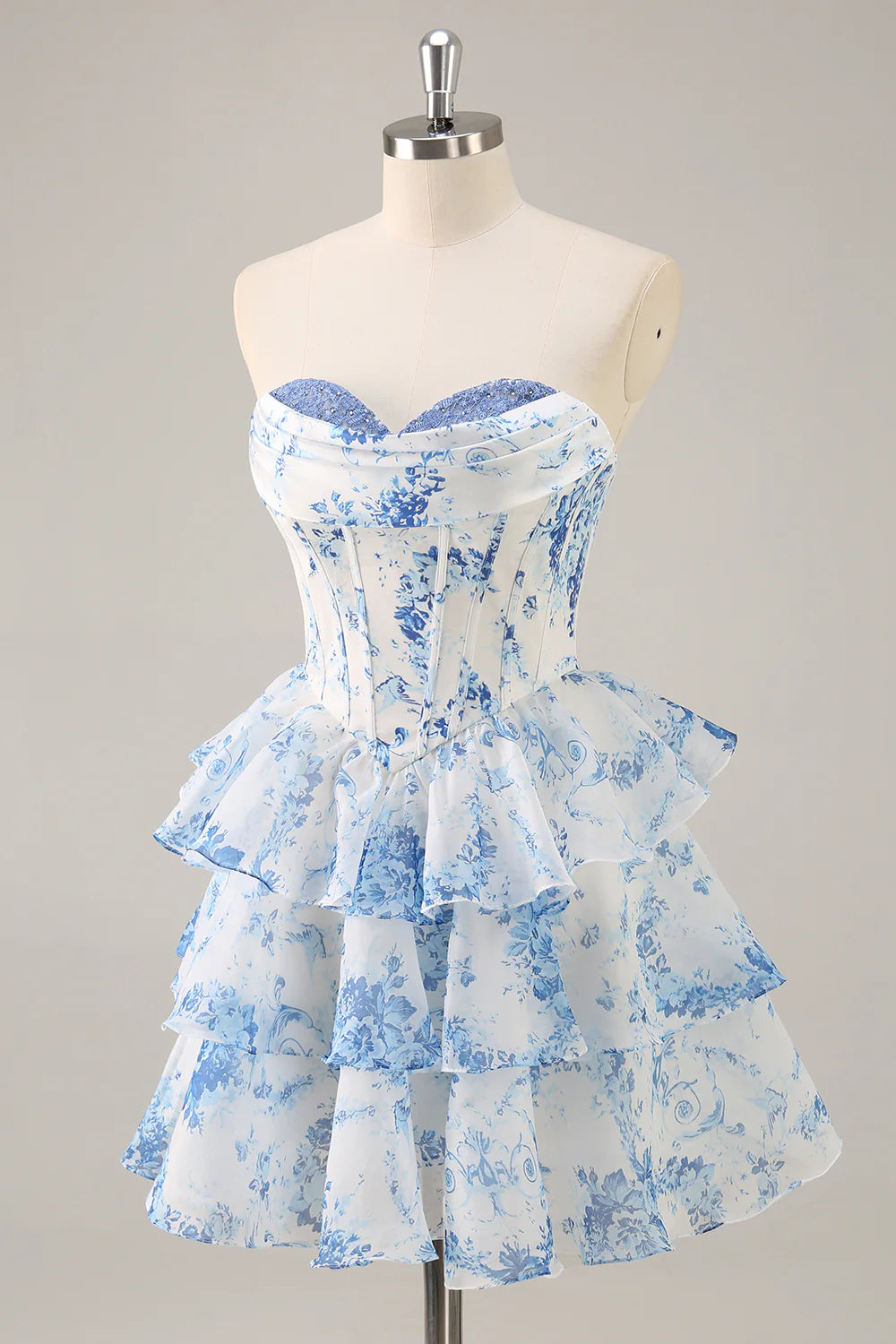Blue Flower A Line Strapless Tiered Homecoming Dress