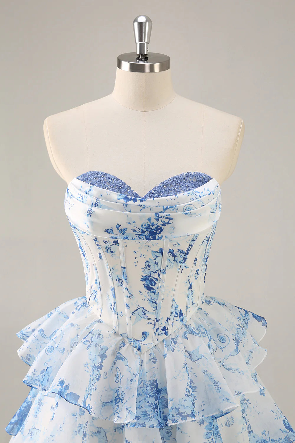 Blue Flower A Line Strapless Tiered Homecoming Dress
