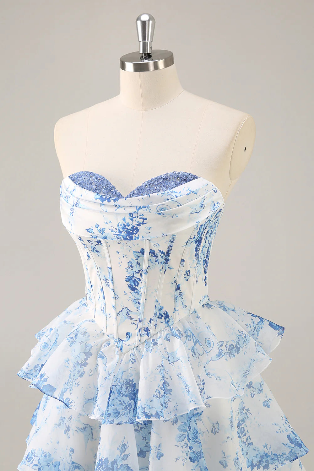 Blue Flower A Line Strapless Tiered Homecoming Dress