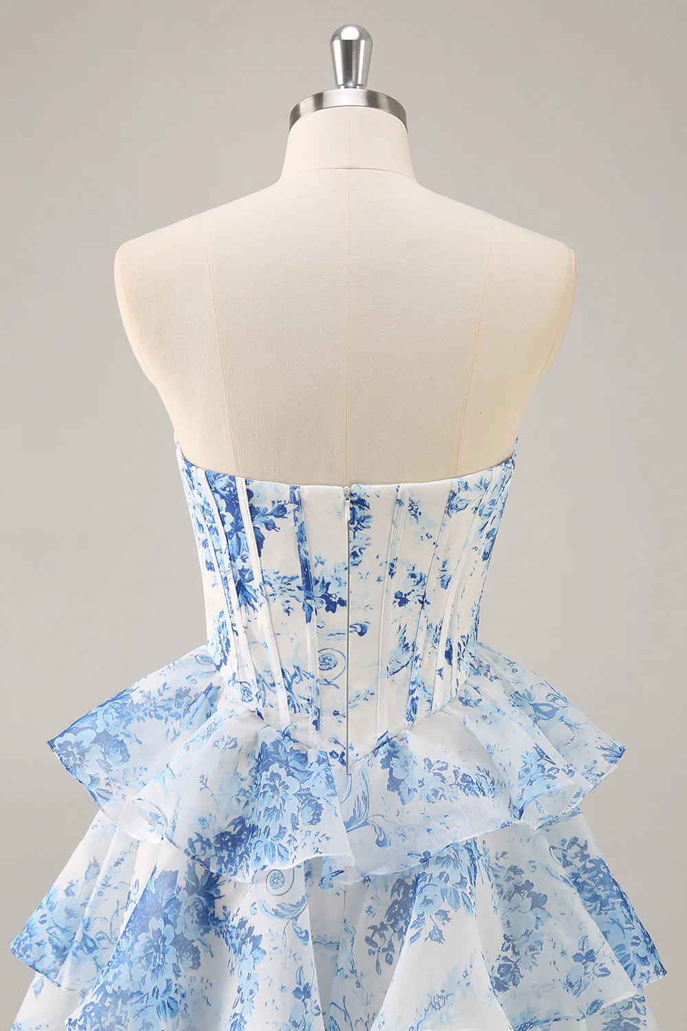 Blue Flower A Line Strapless Tiered Homecoming Dress