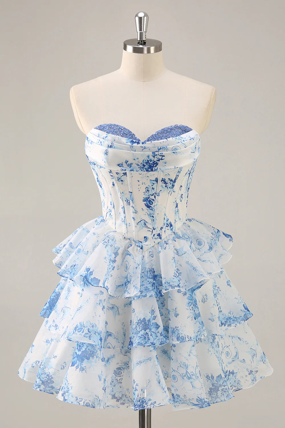 Blue Flower A Line Strapless Tiered Homecoming Dress