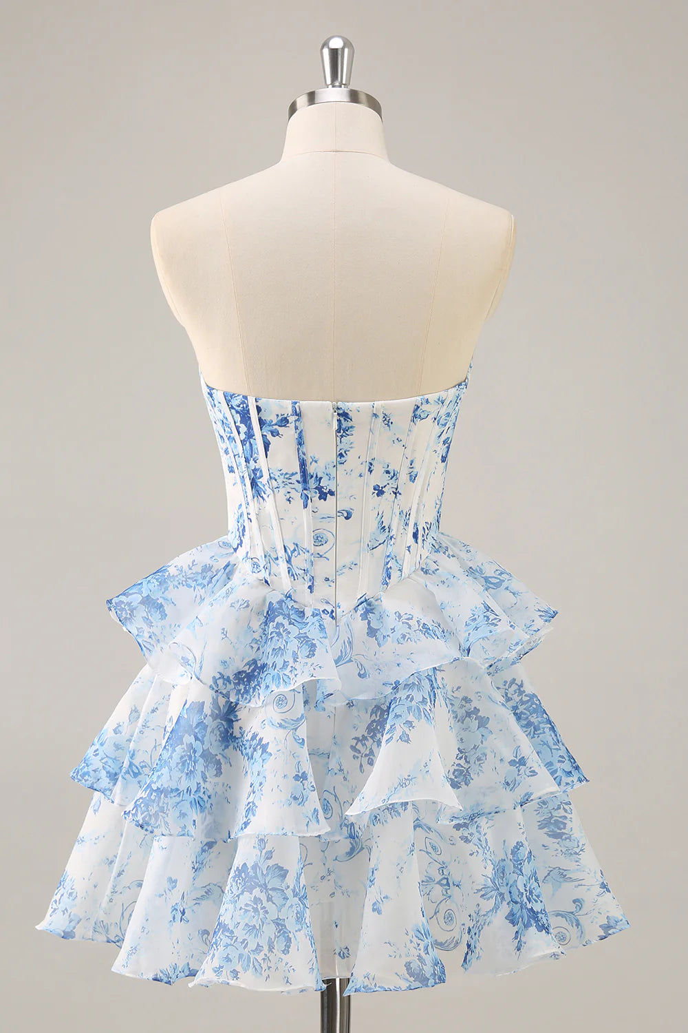Blue Flower A Line Strapless Tiered Homecoming Dress