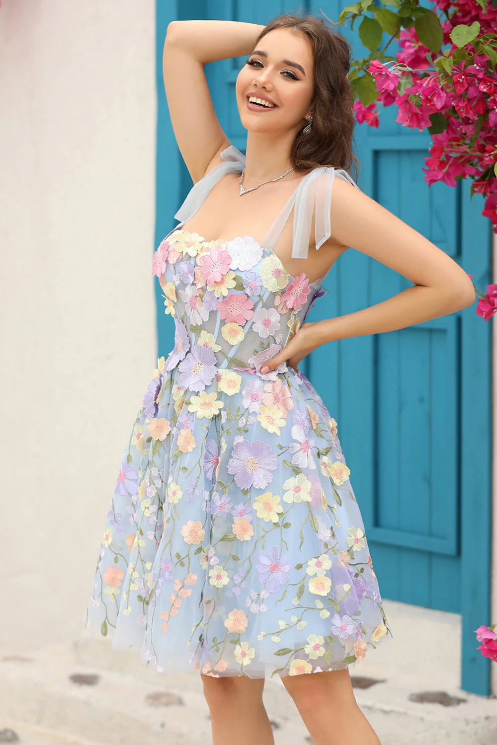 Blue Flower Mermaid Off The Shoulder Corset Short Homecoming Dress with Embroidery
