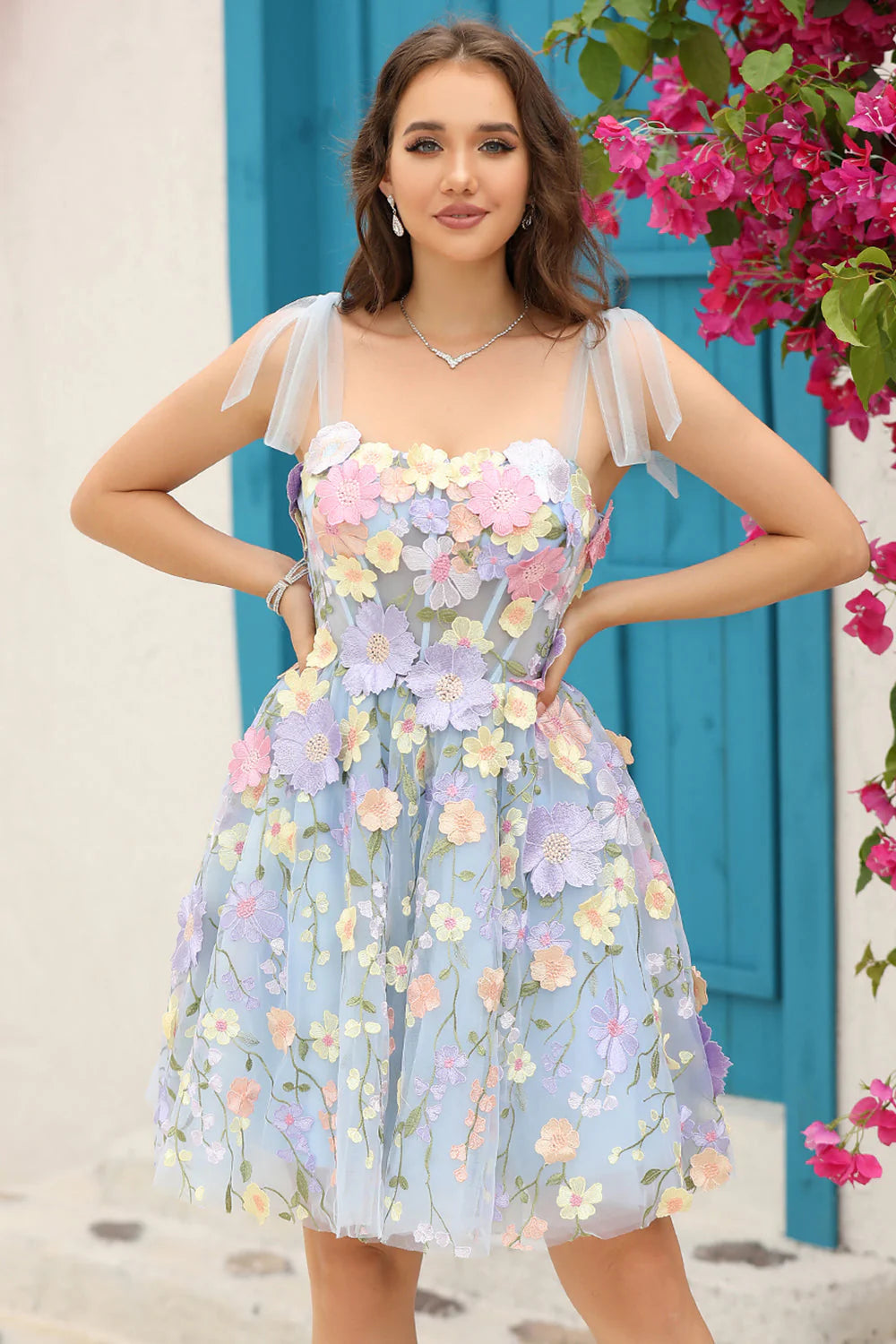 Blue Flower Mermaid Off The Shoulder Corset Short Homecoming Dress with Embroidery