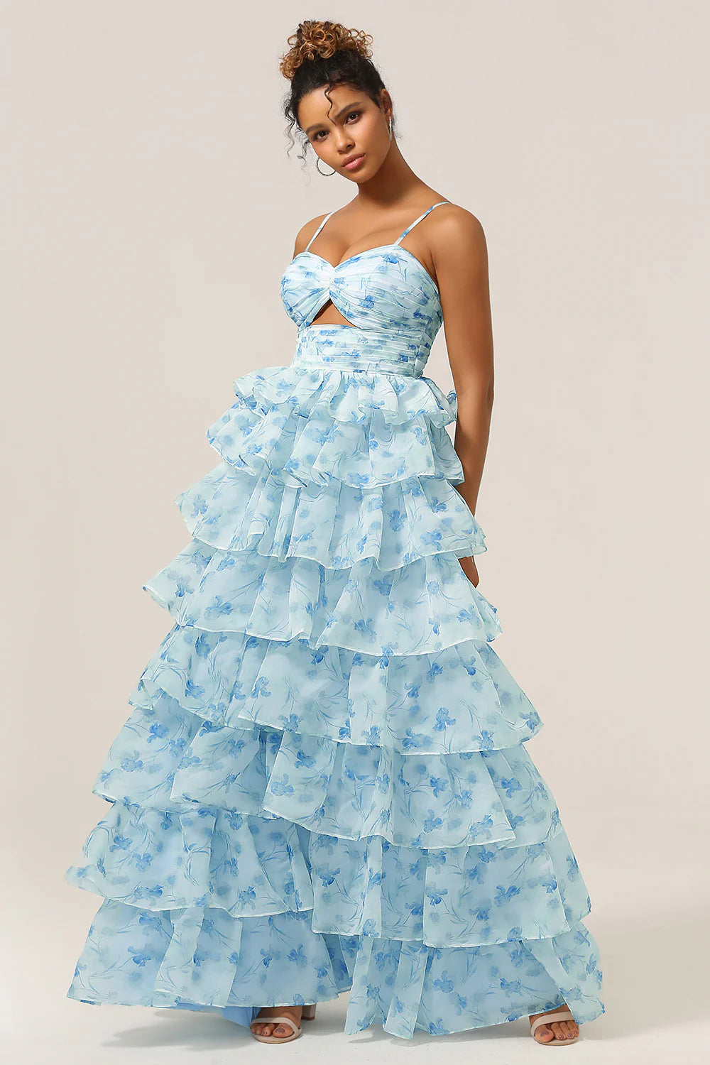 Blue Flower Princess Spaghetti Straps Cut Out Tiered Floor Length Dress