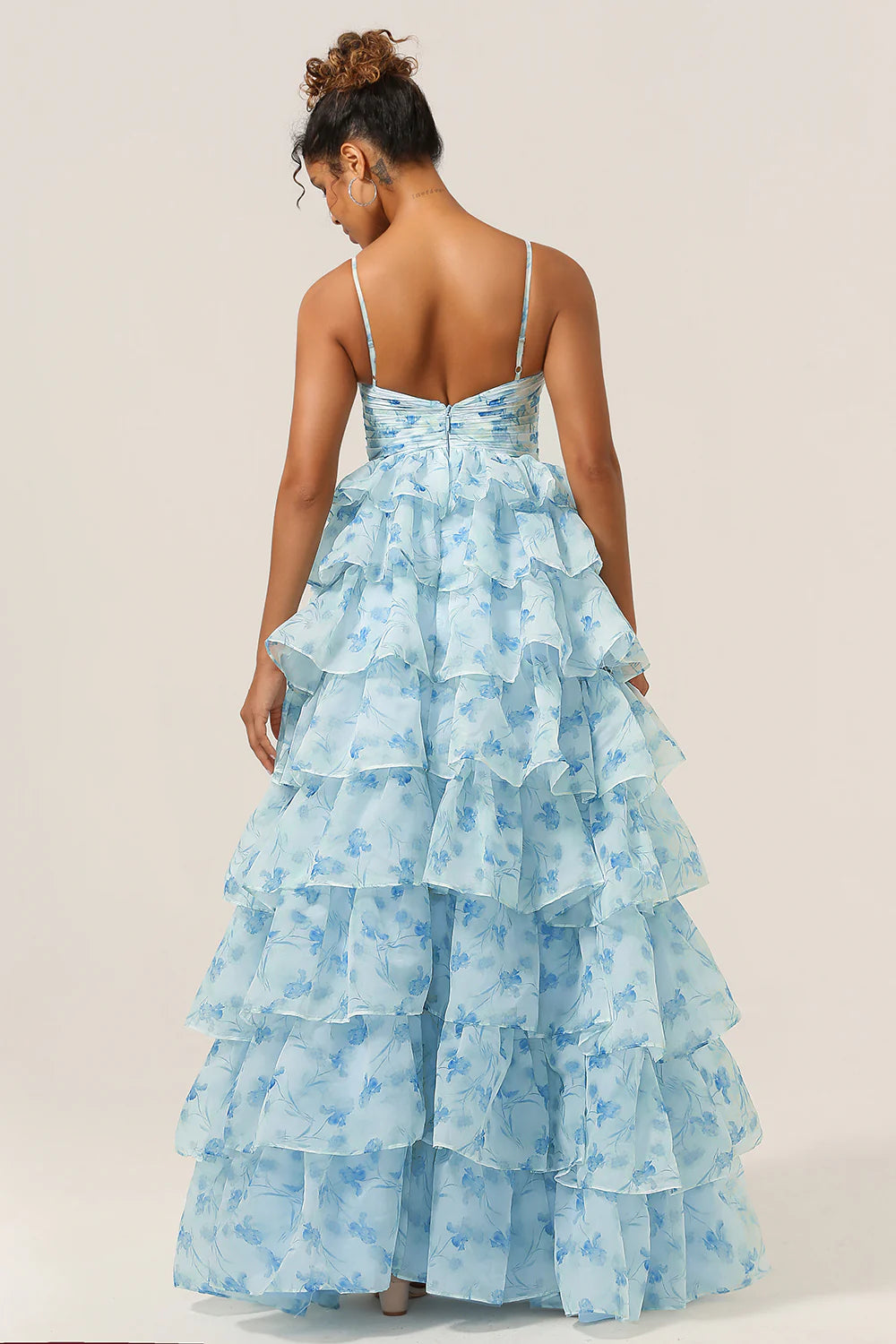 Blue Flower Princess Spaghetti Straps Cut Out Tiered Floor Length Dress