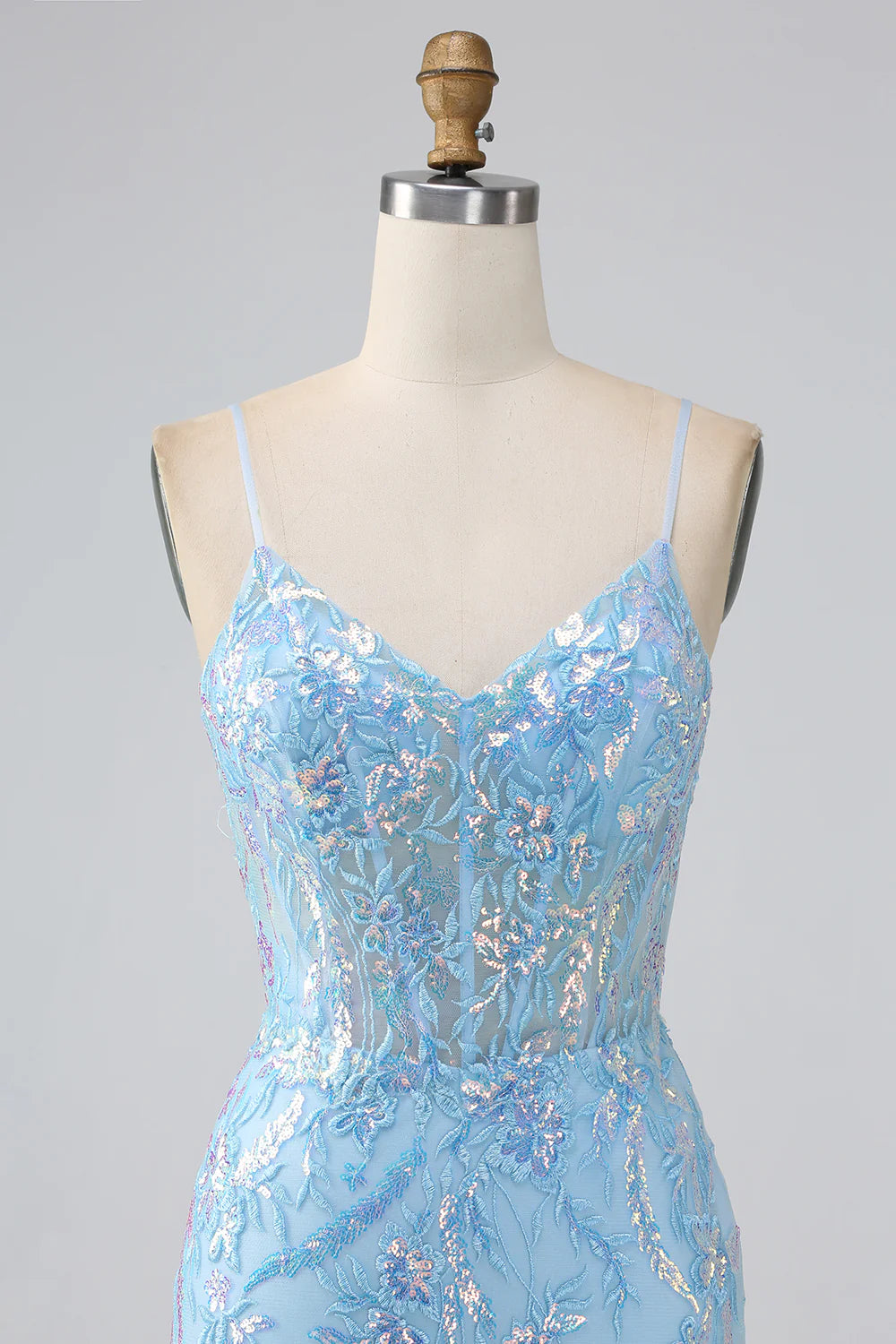 Blue Mermaid Spaghetti Straps Sparkly Sequin Corset Long Prom Dress