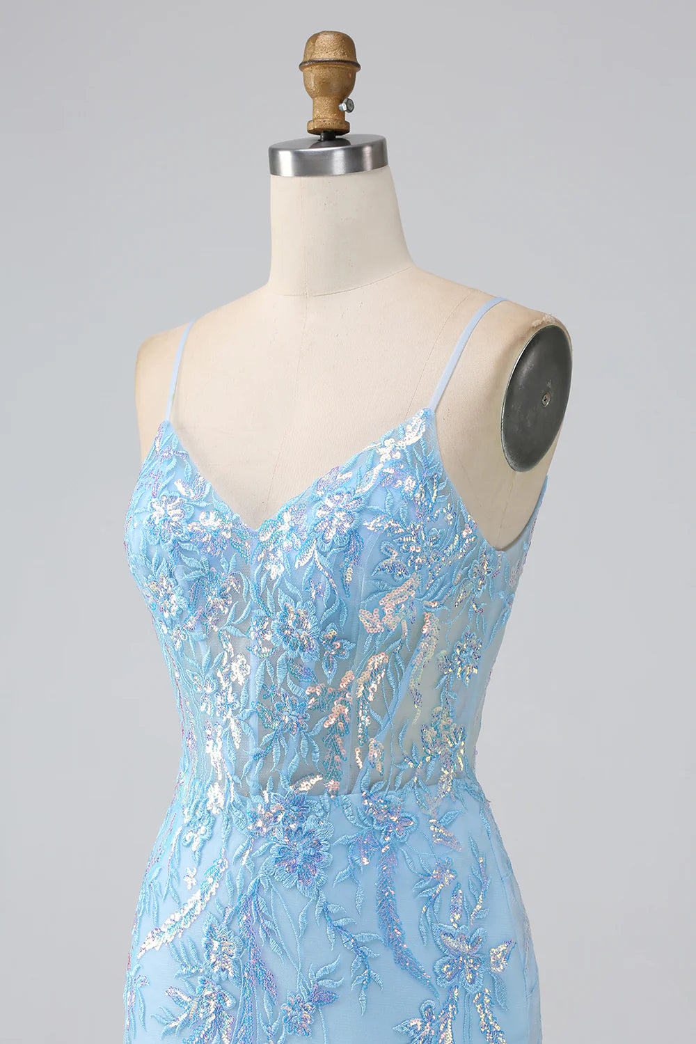Blue Mermaid Spaghetti Straps Sparkly Sequin Corset Long Prom Dress