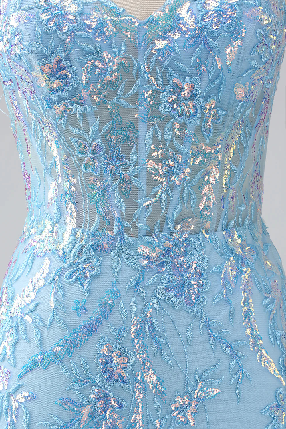 Blue Mermaid Spaghetti Straps Sparkly Sequin Corset Long Prom Dress