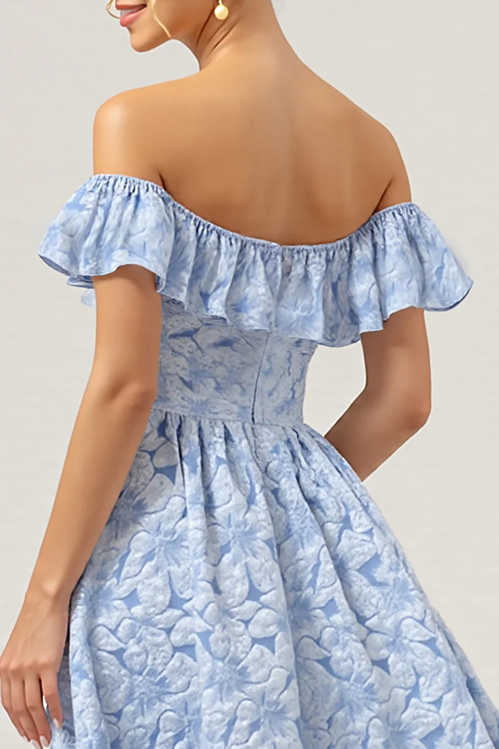 Blue Off the Shoulder A Line Floral High-Low Bridesmaid Dress with Ruffles